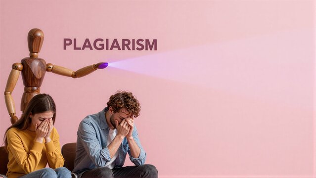 Three students looking distressed while studying for a test about plagiarism