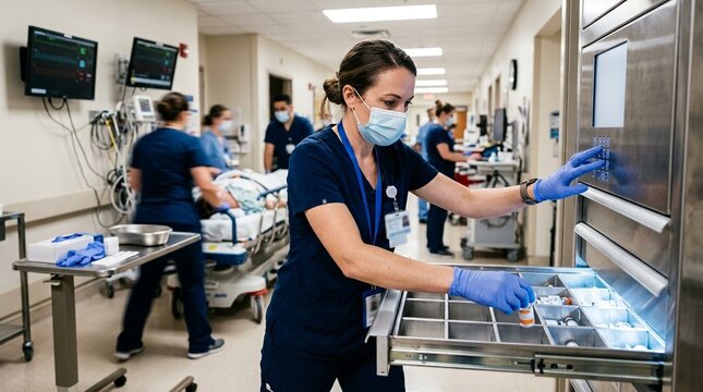 Nurse retrieving an emergency medication from an automated dispensing cabinet during a rapid response event in a hospital patient room