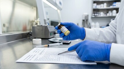 Fototapeta premium Pharmacist verifying a compounded pain management formulation against a physician's specific order in a hospital pharmacy