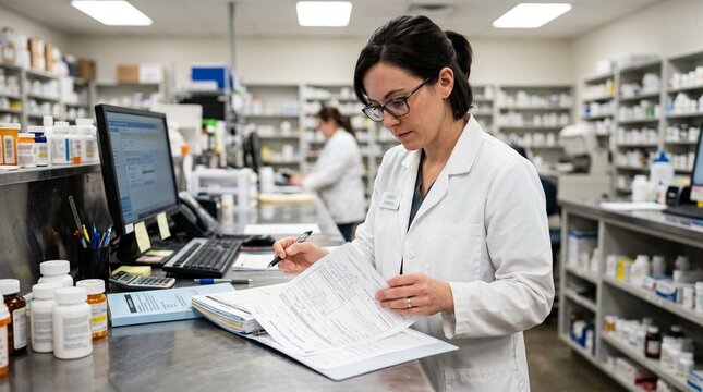 Pharmacist reviewing a therapeutic substitution option while processing a formulary-restricted order in a hospital pharmacy