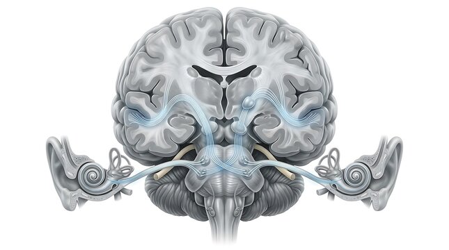 Medical visualization of the human auditory system in grayscale featuring glowing blue neural pathways connecting the cochlea to the cerebral cortex for hearing signal processing and neuroscience