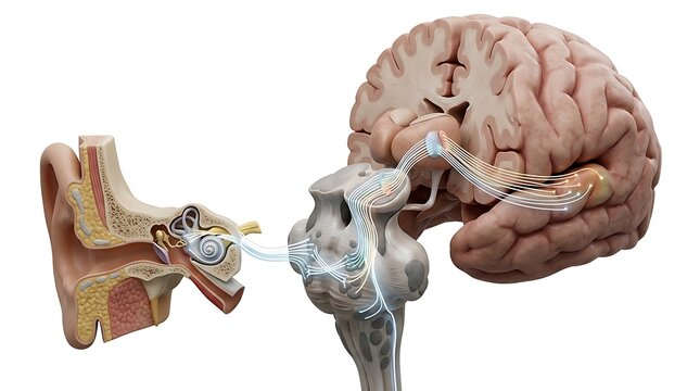 3D medical render of the human auditory pathway showing neural signal transmission from the inner ear cochlea through the brainstem to the temporal lobe of the cerebral cortex