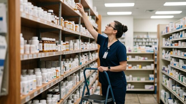 Pharmacy technician pulling a medication from a high shelf using a small step stool in a pharmacy storage room