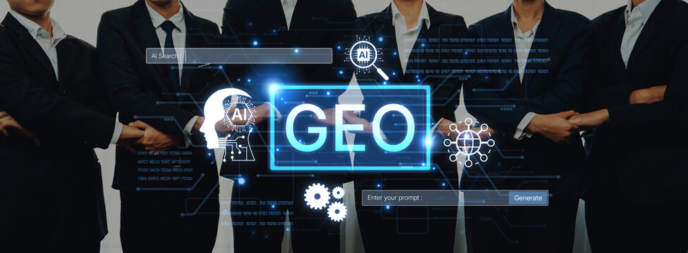 Digital marketing concept featuring GEO strategy. Generative AI search visual shows GEO interface integrating intelligence, logic, and AI input system for prompt tasks. Corpus