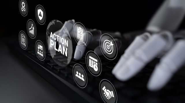 A sleek robotic hand hovers over a keyboard, displaying an action plan concept with various digital icons. Perfect for themes of technology, innovation, and business strategy. Ledger