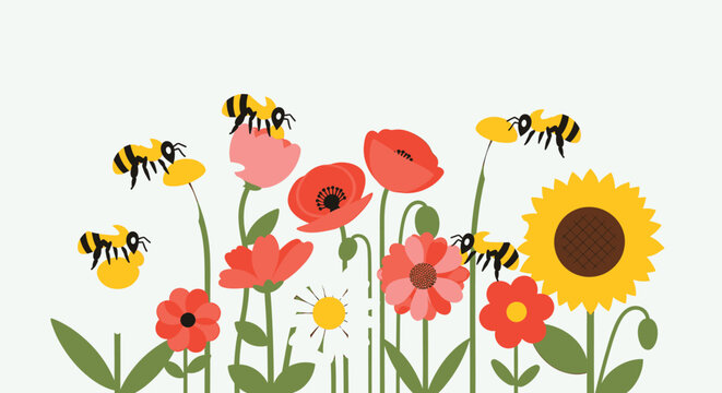 Cute hand-drawn bumble bees pollinating poppies and sunflowers, whimsical vector floral field elements, spring garden decoration, botany illustration