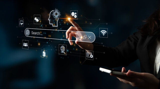Artificial intelligence AI search concept enabling smarter discovery, recommendations to digital services and knowledge. Generative AI search engine algorithm provide user intent result. Corpus