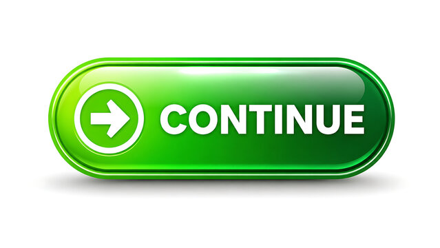 A glossy green rectangular button with a white arrow icon and the word continu.