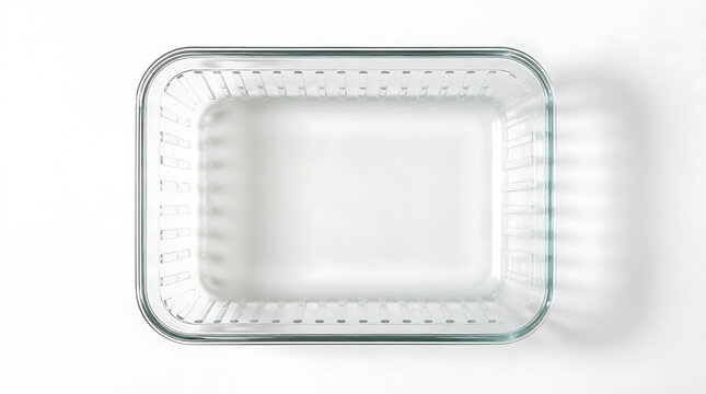 Top view of empty rectangular clear glass baking dish or food container on white background for kitchen storage concepts