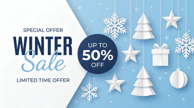 Winter Sale Banner With Layered Paper Cut Illustration