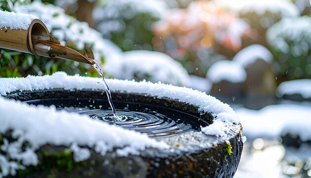 雪が薄く積もった日本庭園の石造りの水鉢と竹筒から流れ落ちる水。冬の風情を感じさせる風景。