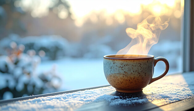 A single rustic ceramic teacup emitting steam on a snow-dusted window sill with a bright winter morning view.