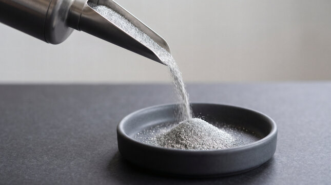 Metallic powder pouring from a stainless steel spout