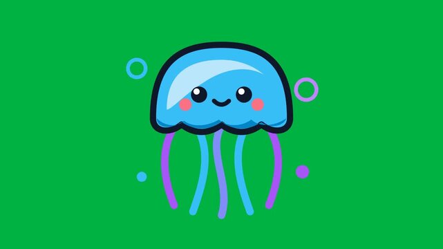 Cute cartoon jellyfish character illustration vector animation on green background