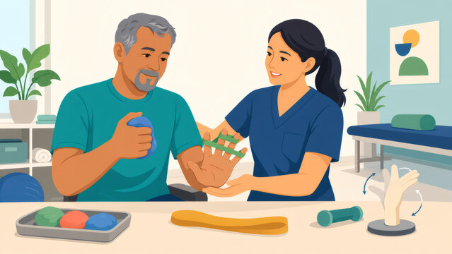 Senior man receiving hand therapy from a female therapist, recovering from injury or repetitive strain