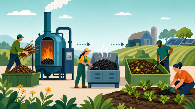 Farmers producing biochar for regenerative agriculture, improving soil health and sustainable farming