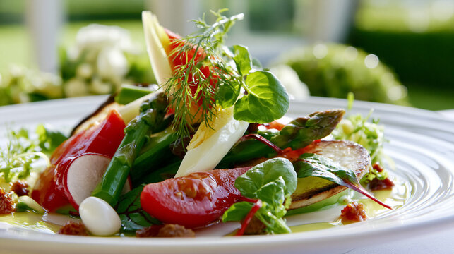 Plating a colorful and fresh vegetable salad with asparagus, tomato, radish, and greens, highlighting healthy eating