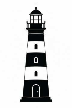 Black and white silhouette of a striped coastal lighthouse with lighthouse