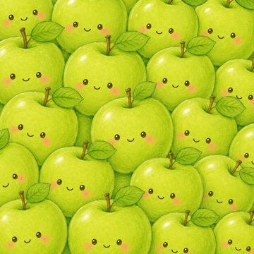 Cute green apples with smiling faces and leaves seamless pattern