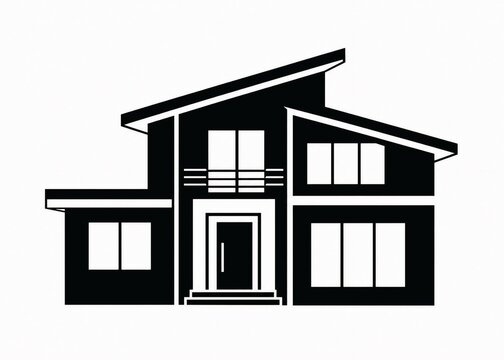 Black silhouette of a modern two-story house building isolated on white background
