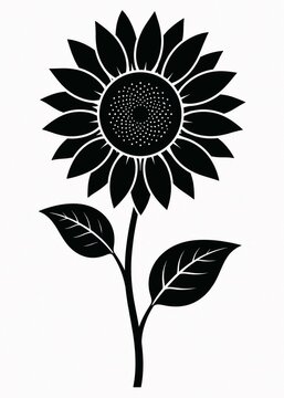 Black silhouette of a sunflower with stem and leaves isolated on white background