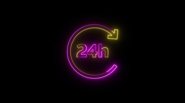 Neon 24h service symbol glowing in bright yellow and purple colors on black background for business and commerce marketing.