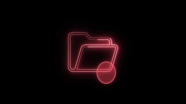 Red neon folder icon with exclamation mark warning symbol flashing on black background representing digital file error.