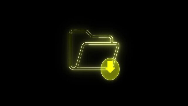 Neon yellow folder icon with download arrow animation glowing on black background for digital interface computer graphics.