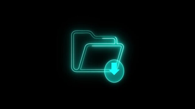 Cyan neon download folder icon glowing against black background symbol for digital storage data transfer motion graphic.