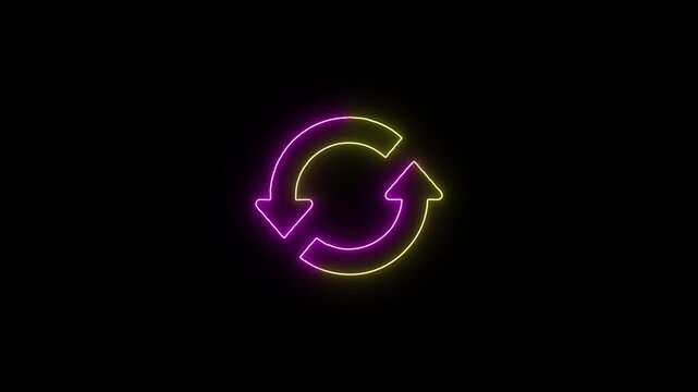 Neon glowing refresh sign spinning on black background for digital loading interface conceptual motion graphic video footage.