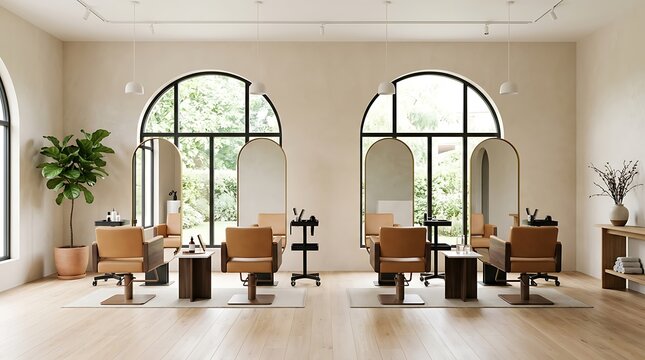Modern hair salon interior with arched mirrors and tan leather chairs