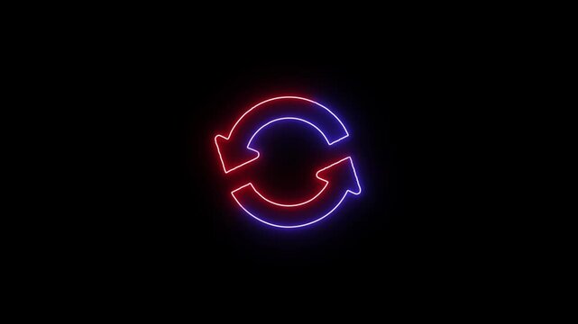 Neon reset icon glowing with red and blue light pulses against black background in dynamic circular motion loop video.