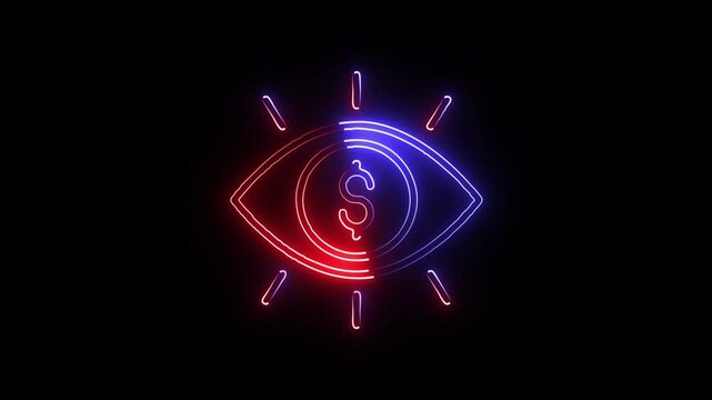 Neon eye with dollar sign pupil glowing against black background as financial vision concept for investment marketing.