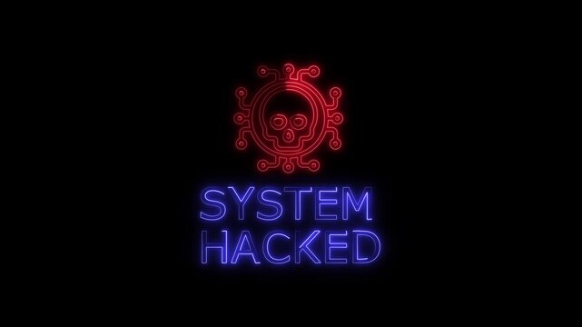 System hacked neon sign animation with red skull circuit icon and blue glowing text for cybersecurity data breach alert.