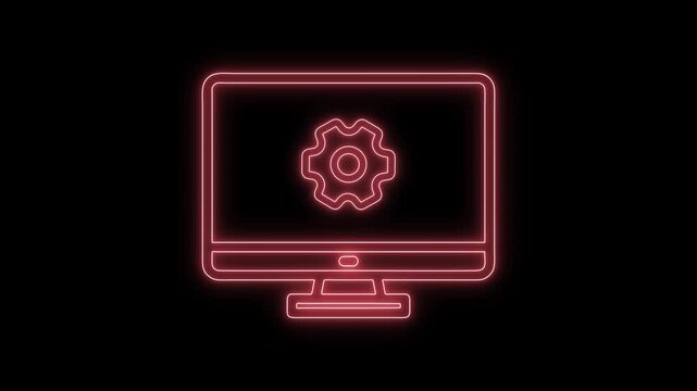 Neon computer monitor with gear icon glowing bright red on black background technology and settings concept animated motion graphic.