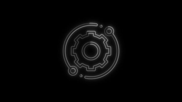 Neon gear settings icon animation glowing on black background for user interface design and digital technology interface.