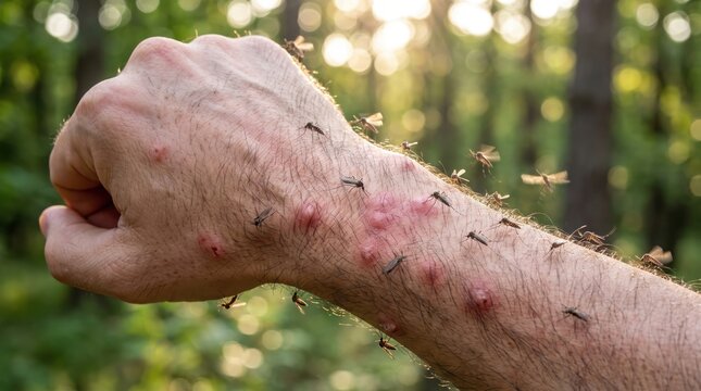 Swarm of mosquitoes attacking a man arm causing skin irritation and red allergic bumps outdoors.