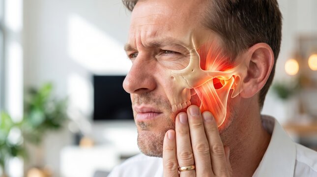Man touching cheek suffering from painful temporomandibular joint disorder with 3D anatomical jaw overlay highlighting muscle inflammation.