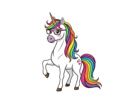 Whimsical unicorn with rainbow mane and tail wearing sunglasses