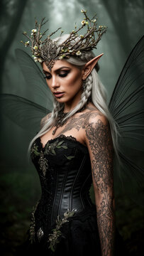 elfa, hada, mujer elfa, criatura fant&aacute;stica, fantas&iacute;a oscura, dark fantasy, hada oscura, orejas puntiagudas, alas de hada, alas transparentes, alas de insecto, cabello plateado, trenza, corona de rama