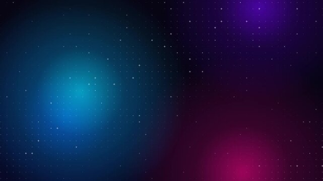 Abstract dark holographic background with glowing cyan and magenta orbs and a subtle cyber matrix dot grid. This seamless motion graphic loop is perfect for futuristic tech video designs.