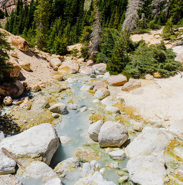 Small Stream of Water Running Through Hydrothermal Area on The Bumpass Hell Trail, Lassen Volcanic National Park, California, USA