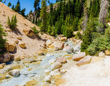 Small Stream of Water Running Through Hydrothermal Area on The Bumpass Hell Trail, Lassen Volcanic National Park, California, USA
