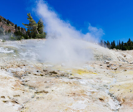 Steam Fumarole at The Bumpass Hell Basin on The Bumpass Hell Trail, Lassen Volcanic National Park, California, USA