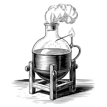 Vintage alchemy flask engraving with smoke and flame on a wooden stand isolated on white