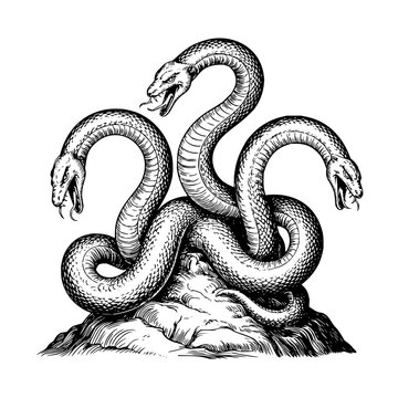 Three-Headed Snake Engraving Illustration on Rock