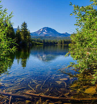 Lassen Peak and The Surrounding Forest Reflection on Manzanita Lake, Lassen Volcanic National Park, California, USA