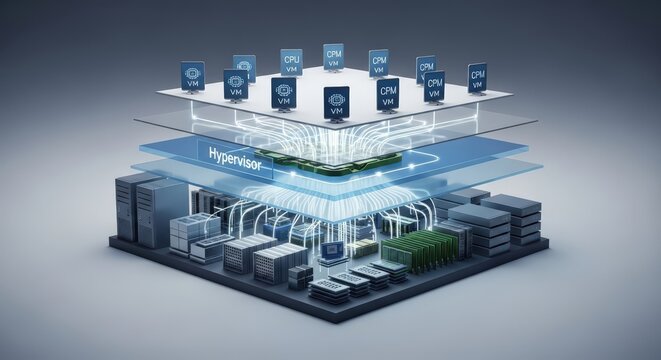Conceptual 3D illustration of a hypervisor layer managing virtual machines within a modern server architecture.