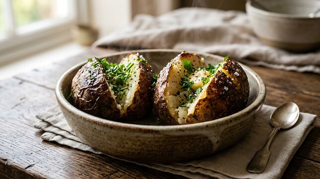 Freshly Baked Jacket Potatoes with Butter and Herbs in a Rustic Bowl
