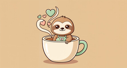 Naklejka premium Cute Kawaii Sloth Barista Sitting in a Coffee Cup with Heart Steam Illustration